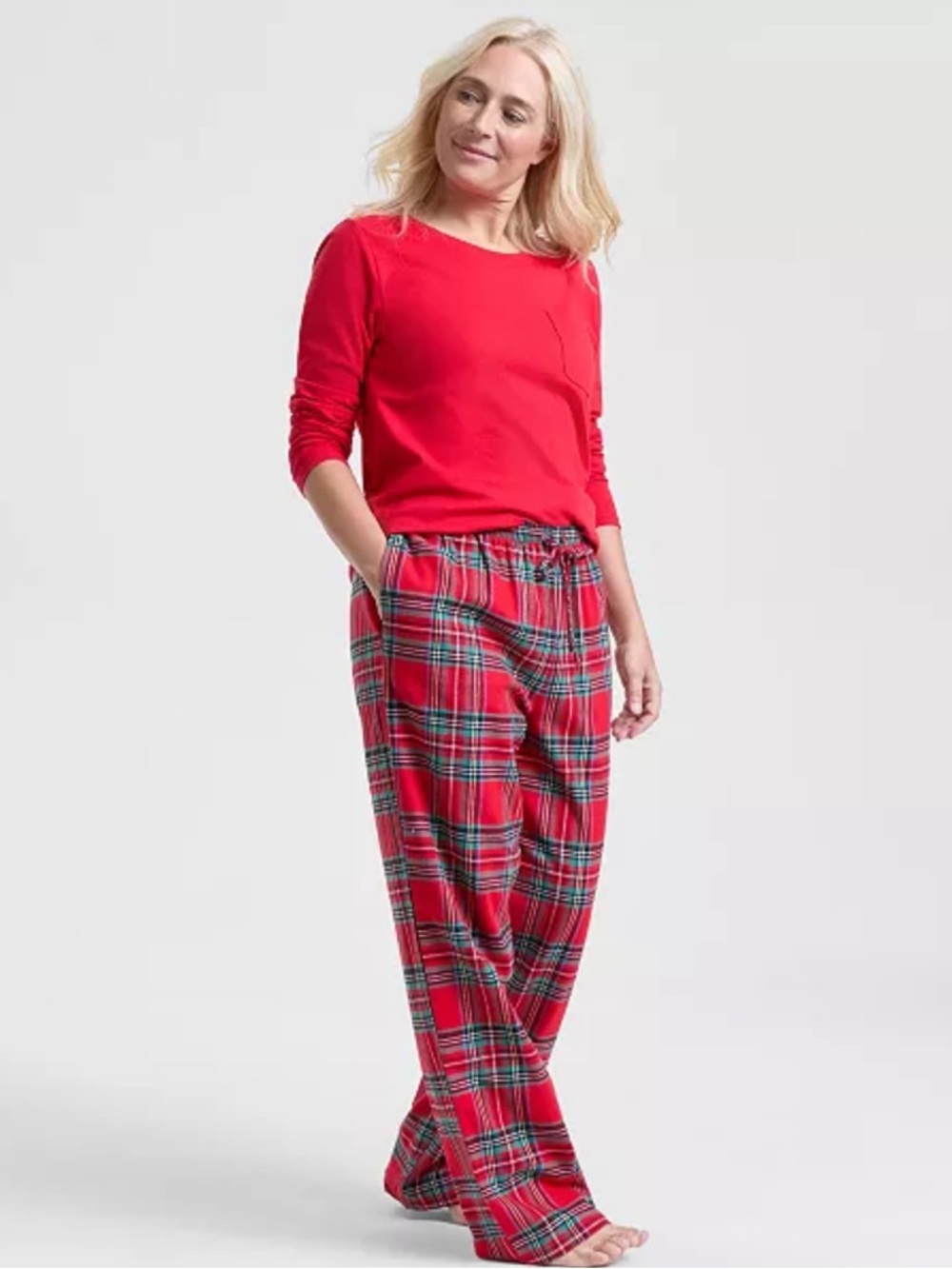 Everyday Comfort Red Long-Sleeve Pajama Set with Plaid Pants